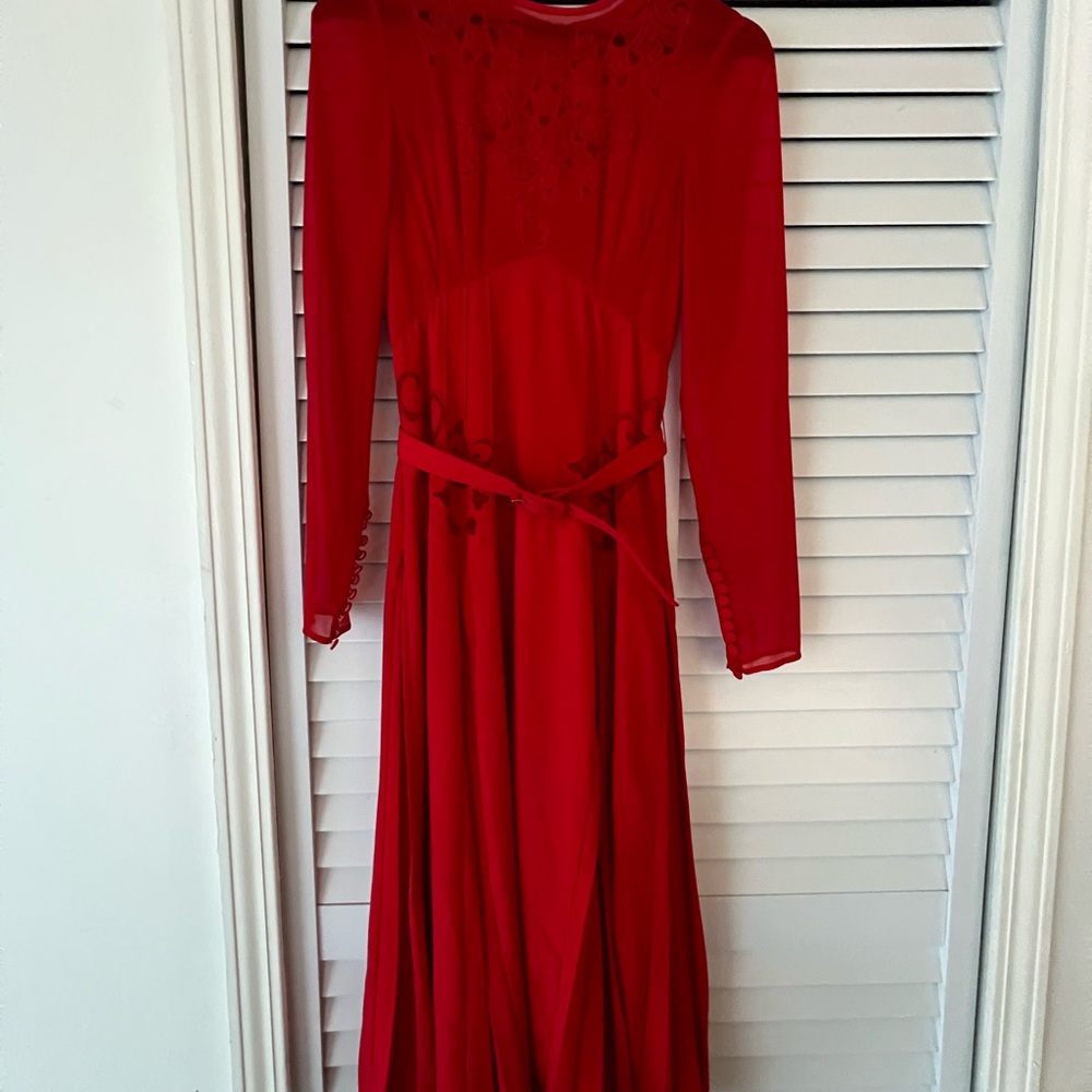 Self-Portrait Red Long Sleeve Gown with Bishop Sleeves for Cocktail